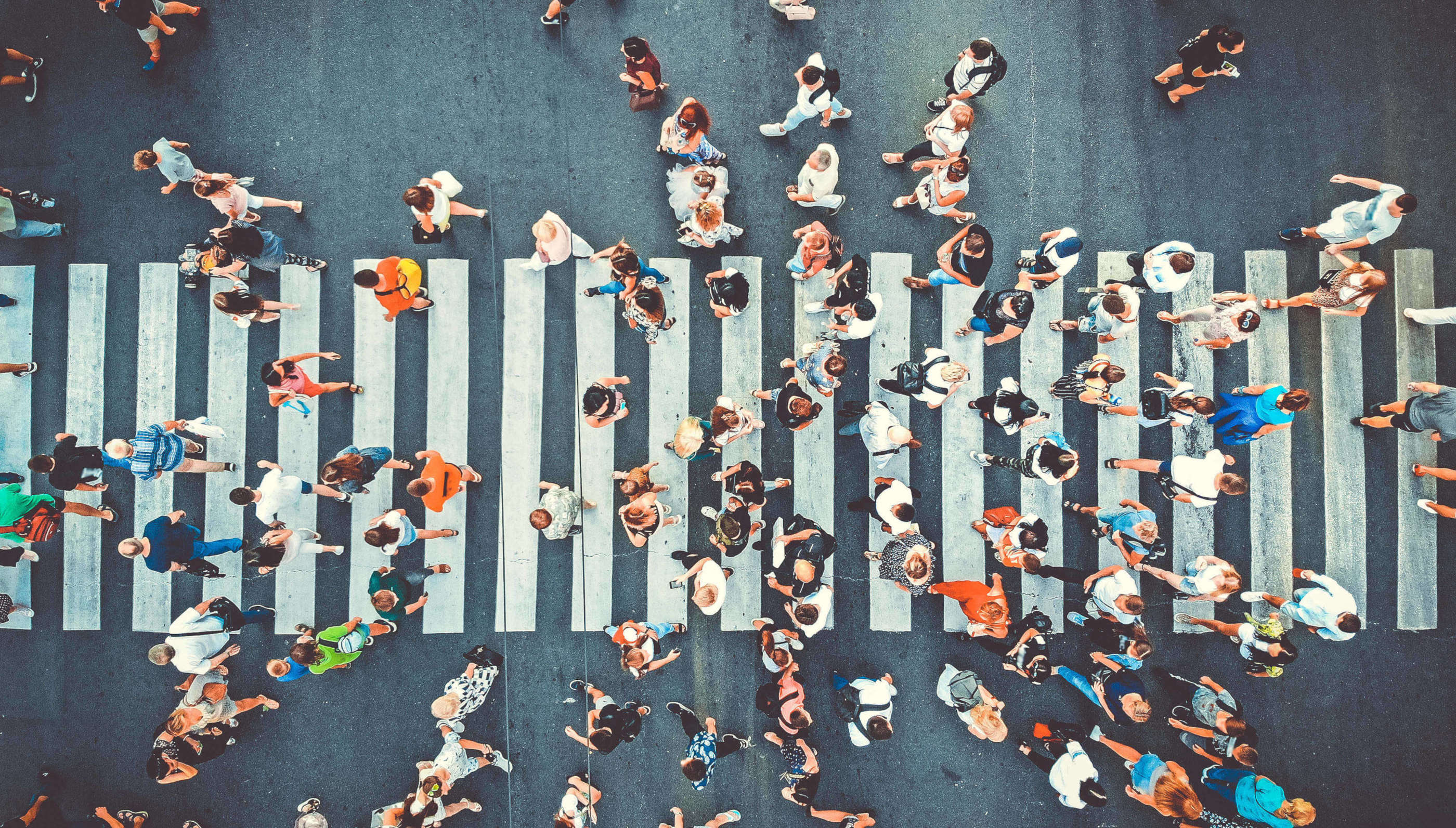 Aerial. People crowd on pedestrian crosswalk.