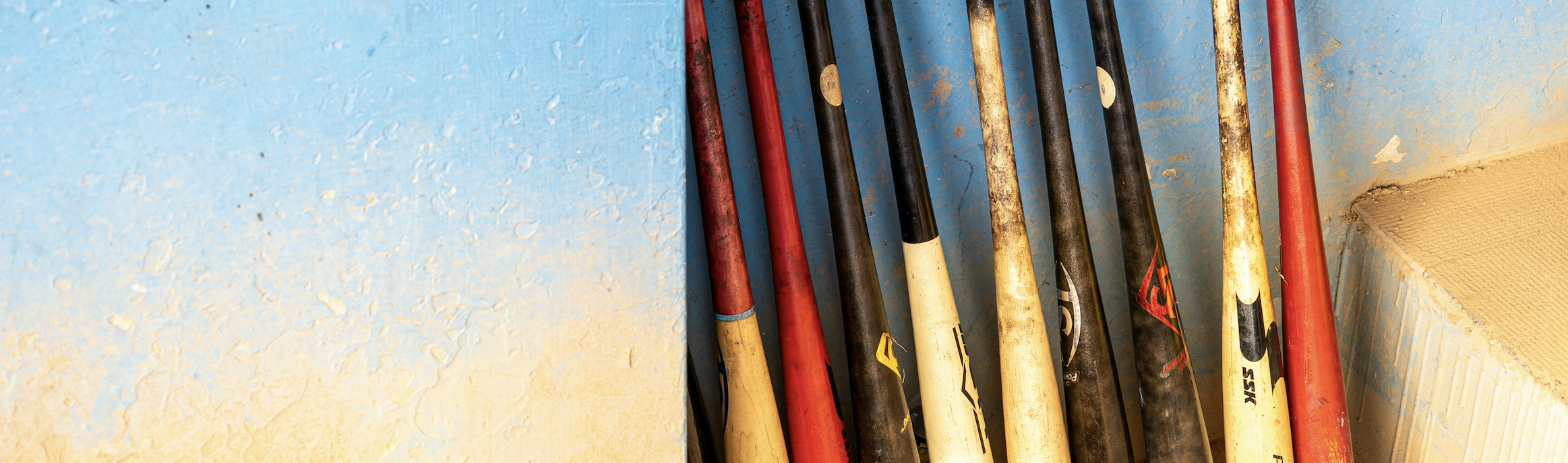 Baseball bats leaning against dugout
