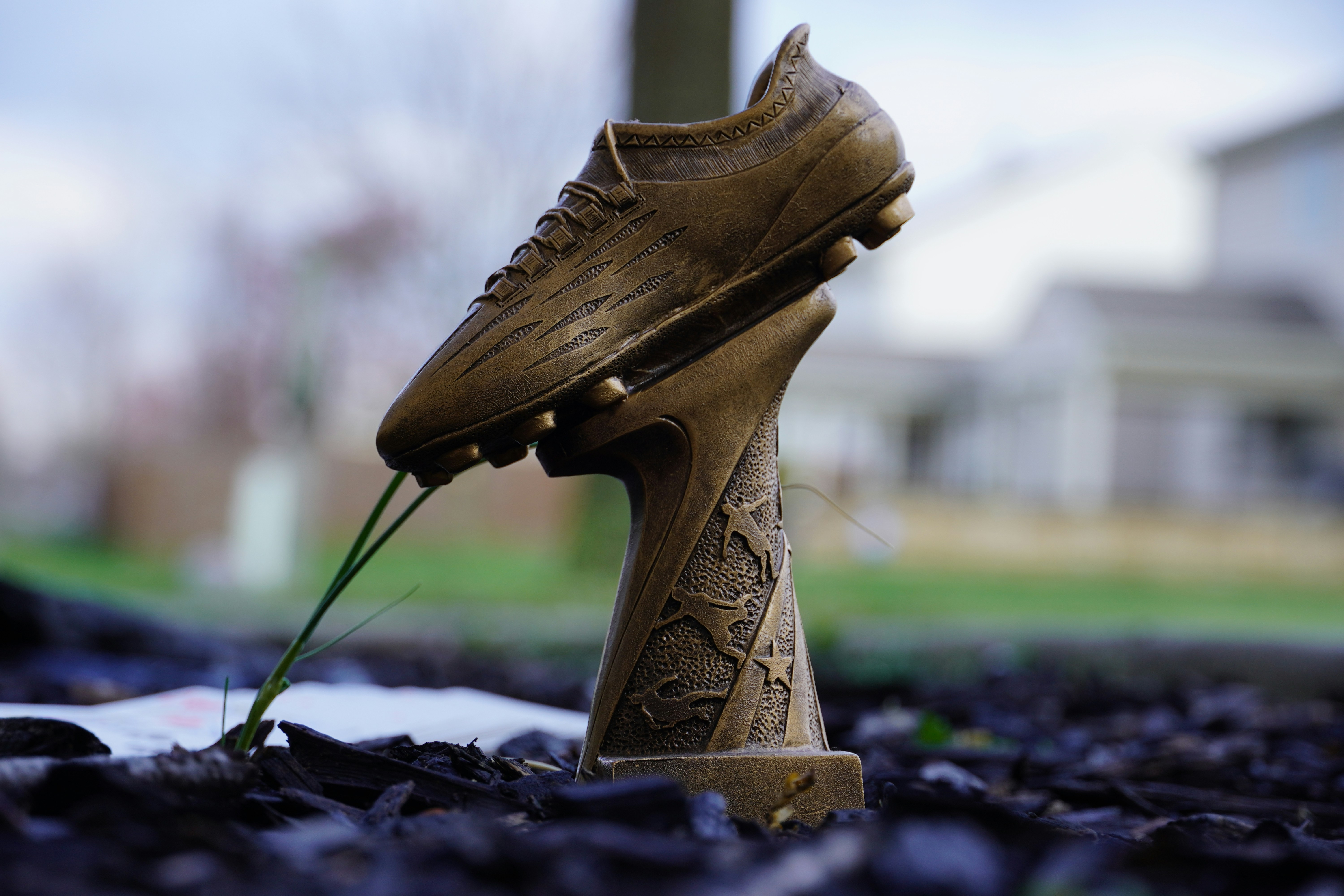 Football trophy sitting on the field